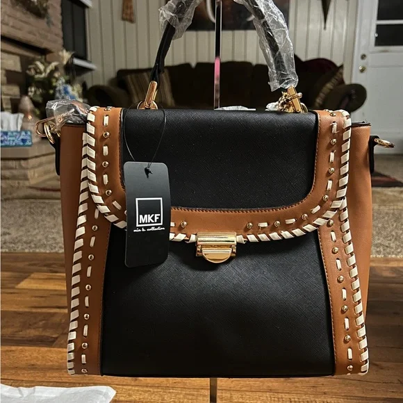 MKF Collection by Mia K Flora ~ Brown/Beige Leather W/ Flora Satchel Bag ~ New - Picture 4 of 16